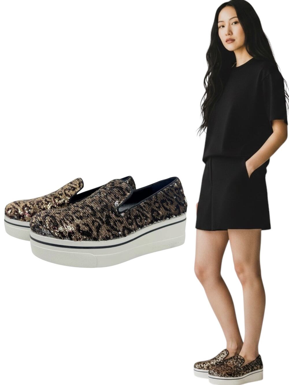 New Stella McCartney Binx Sequins Animal Print Wedge Sneakers Size 41
